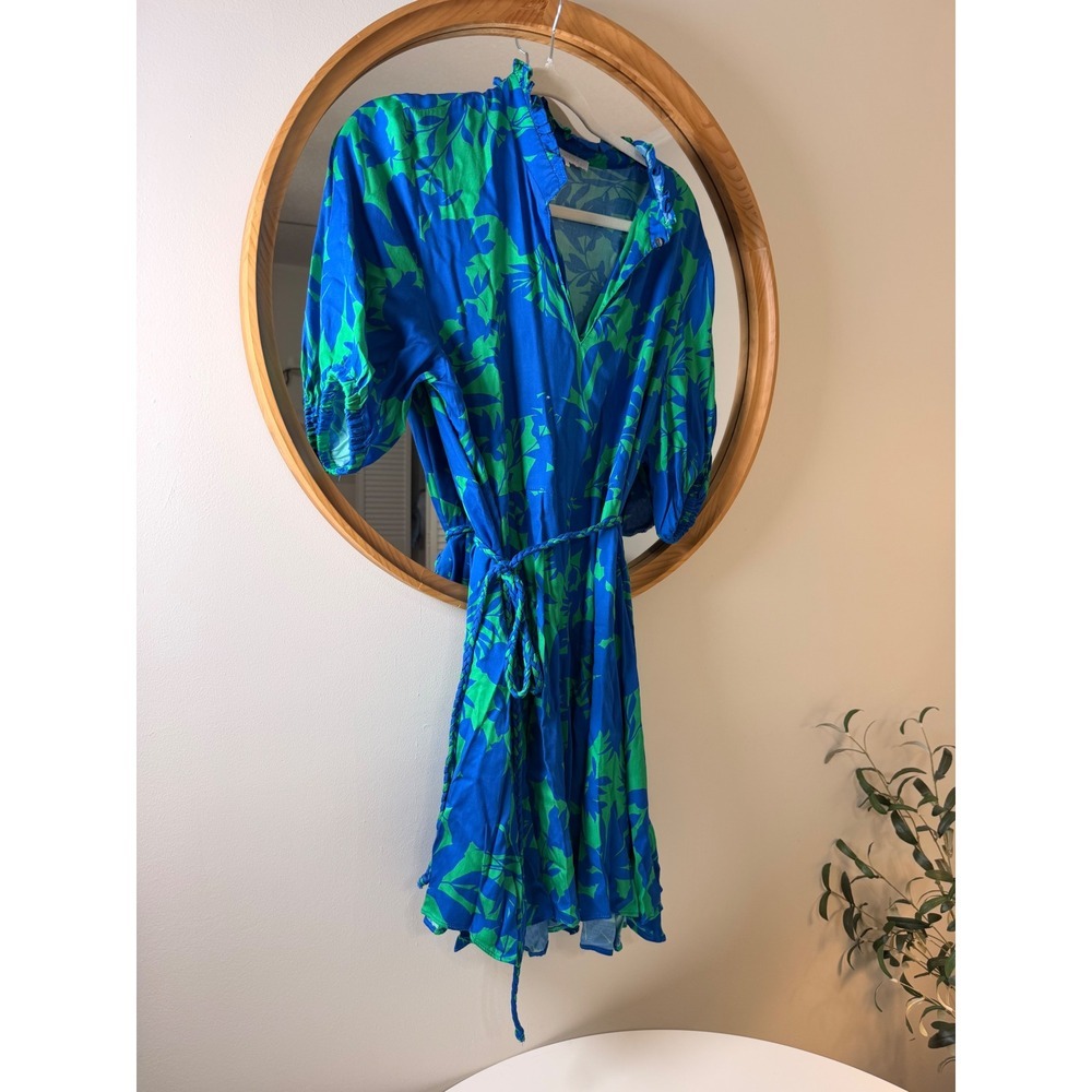 Olivaceous Mini Dress‎ Womens Small Blue Green Excellent Tropical Ruffle V-Neck